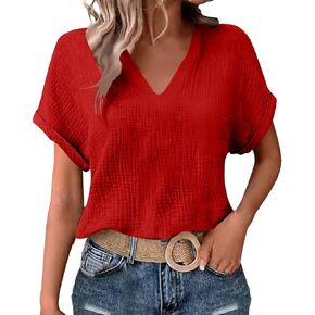 بلوزات نسائية صيفية من الشاش ذات نسيج مجعد ورقبة على شكل حرف V وأكمام قصيرة قمصان بلوفر بلون سادة ملابس تخييم للعمل in Kuwait