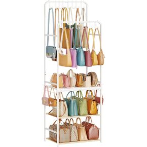 Large Tall Purse Organizer for Closet with 14 Purse Hanger, Double Rods Purse Rack Stand with 8 Side Hooks, 5-Tier Handbag Organizer Shelf, Space-Saving Purse Storage Organizer for Small Place in Kuwait