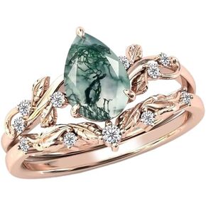 مجموعة خواتم خطوبة من عقيق الطحلب للنساء، طلاء من الفضة الإسترليني عيار 925، ذهب أبيض عيار 18 قيراط، 2 قيراط، خاتم زفاف من عقيق الطحلب، خاتم مويسانيتي مزين بأوراق الشجر للنساء (مقاس 3-13) in Kuwait