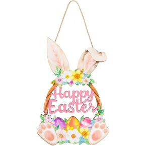 Wooden Easter Decoration Door Wreath, Hollow Bunny Sign Flower Egg Welcome Hanging for Front Door Sign Wall Signs Rabbit Spring Decoration (Multicolor) in Saudi Arabia