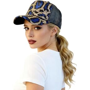 Sparkly Sequin Leopard Print Baseball Cap for Women Breathable Shimmer Ponytail Trucker Hat Outdoors Sun Caps in Saudi Arabia