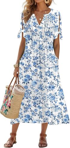 فستان ماكسي من Kipfall للنساء عصري بأكتاف باردة فساتين تي شيرت صيفية غير رسمية بطيات فستان صيفي متدفق مع جيوب in Kuwait