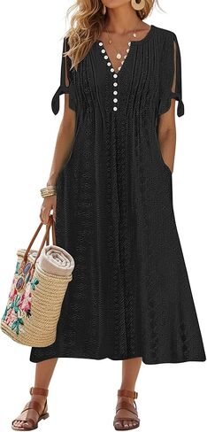 kipfall Maxi Dress for Women Trendy Cold Shoulder Eyelet Tshirt Dresses Casual Summer Pleated Flowy Sundress with Pockets in Saudi Arabia