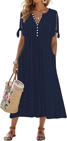 kipfall Maxi Dress for Women Trendy Cold Shoulder Eyelet Tshirt Dresses Casual Summer Pleated Flowy Sundress with Pockets in Saudi Arabia