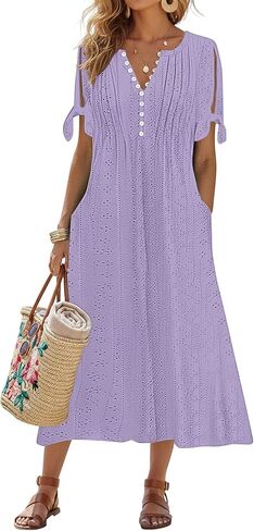 kipfall Maxi Dress for Women Trendy Cold Shoulder Eyelet Tshirt Dresses Casual Summer Pleated Flowy Sundress with Pockets in Saudi Arabia