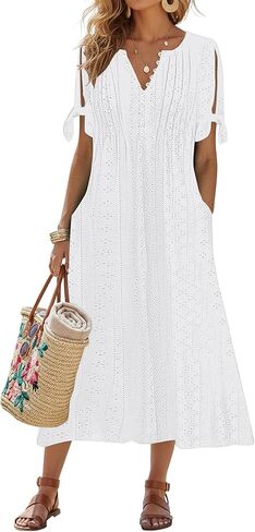 kipfall Maxi Dress for Women Trendy Cold Shoulder Eyelet Tshirt Dresses Casual Summer Pleated Flowy Sundress with Pockets in Saudi Arabia