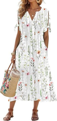 kipfall Maxi Dress for Women Trendy Cold Shoulder Eyelet Tshirt Dresses Casual Summer Pleated Flowy Sundress with Pockets in Saudi Arabia