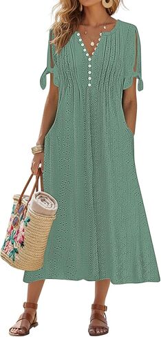kipfall Maxi Dress for Women Trendy Cold Shoulder Eyelet Tshirt Dresses Casual Summer Pleated Flowy Sundress with Pockets in Saudi Arabia