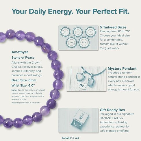 6mm Classic Real Natural Crystal Beaded Bracelet with Mystery Crystal Pendant (Multiple Wrist Sizes) | Standard Size Gemstone Handmade Stretchy Healing Energy Protection Yoga Jewelry Gift for Women Men in Kuwait