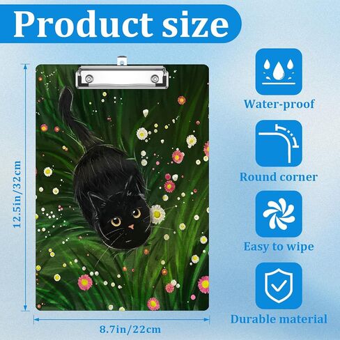 Black Cat Floral Clipboard Decorative Clip Board with Metal Clip A4 Standard Size 12.5" X 8.7" for Teacher Students Nurses Office in Saudi Arabia