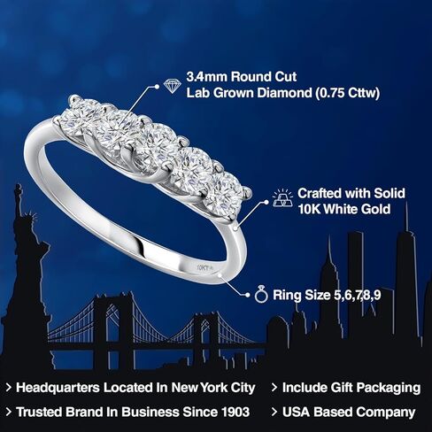 Gem Stone King 10K White Gold White Lab Grown Diamond 5 Stone Wedding Band Ring | 0.75 Cttw | Round 3.4MM | Wedding Engagement Anniversary Promise Ring For Women | E-F Color | VVS-VS in Saudi Arabia