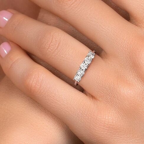 Gem Stone King 10K White Gold White Lab Grown Diamond 5 Stone Wedding Band Ring | 0.75 Cttw | Round 3.4MM | Wedding Engagement Anniversary Promise Ring For Women | E-F Color | VVS-VS in Saudi Arabia
