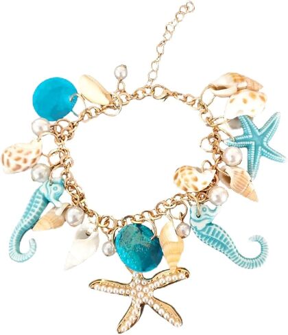 الملونة بلينغ شل محارة نجم البحر صدف سوار للنساء البوهيمي فو اللؤلؤ حبة قابل للتعديل سلسلة بيان سوار بوهو الصيف الشاطئ حزب مجوهرات هدية-C الأزرق in Kuwait