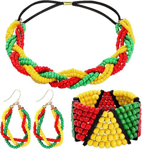 Wavyknot 3 Pcs Black History Month Jewelry Set for Women African Outfit Jamaica Bead Headband Earrings Accessories Elastic Rasta Beaded Bracelets Red Black Green for African Americans Women in Saudi Arabia