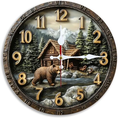 Wall Clock Art Print, Silent Non Ticking Battery Operated,Forest Cabin & Bear Clock 2D Art Print Decorative for Bathroom Kitchen Bedroom 10 inch & 12 inch, Ships Next Day，No Battery in Saudi Arabia