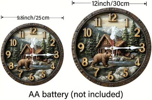 Wall Clock Art Print, Silent Non Ticking Battery Operated,Forest Cabin & Bear Clock 2D Art Print Decorative for Bathroom Kitchen Bedroom 10 inch & 12 inch, Ships Next Day，No Battery in Saudi Arabia