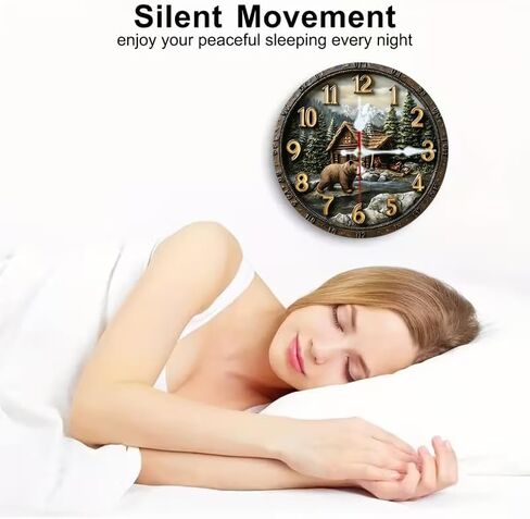 Wall Clock Art Print, Silent Non Ticking Battery Operated,Forest Cabin & Bear Clock 2D Art Print Decorative for Bathroom Kitchen Bedroom 10 inch & 12 inch, Ships Next Day，No Battery in Saudi Arabia