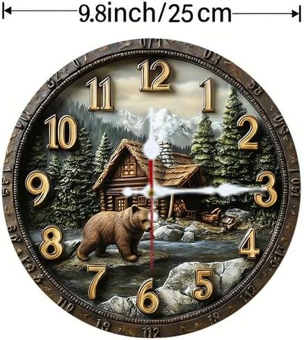 Wall Clock Art Print, Silent Non Ticking Battery Operated,Forest Cabin & Bear Clock 2D Art Print Decorative for Bathroom Kitchen Bedroom 10 inch & 12 inch, Ships Next Day，No Battery in Saudi Arabia