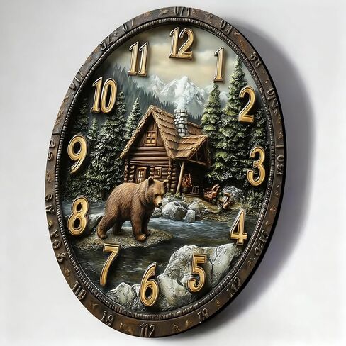 Wall Clock Art Print, Silent Non Ticking Battery Operated,Forest Cabin & Bear Clock 2D Art Print Decorative for Bathroom Kitchen Bedroom 10 inch & 12 inch, Ships Next Day，No Battery in Saudi Arabia