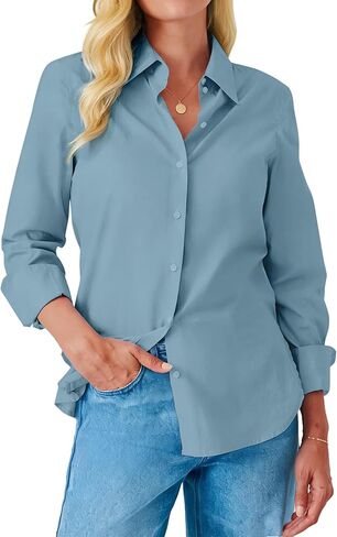 Button Down Shirts for Women Fitted Dress Shirt Long Sleeve Collared Blouse Work Business Office Attire Fall Outfits in Kuwait