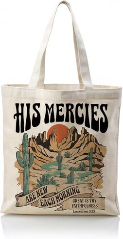 Christian Canvas Tote Bag, Vintage Western Landscape Art Handbag, His Mercies Are New Each Morning Bible Verse Tote Bag, Faith Reusable Shopping Bags for Daily Use and Work in Saudi Arabia