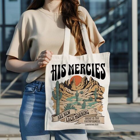Christian Canvas Tote Bag, Vintage Western Landscape Art Handbag, His Mercies Are New Each Morning Bible Verse Tote Bag, Faith Reusable Shopping Bags for Daily Use and Work in Saudi Arabia