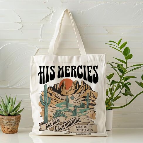 Christian Canvas Tote Bag, Vintage Western Landscape Art Handbag, His Mercies Are New Each Morning Bible Verse Tote Bag, Faith Reusable Shopping Bags for Daily Use and Work in Saudi Arabia