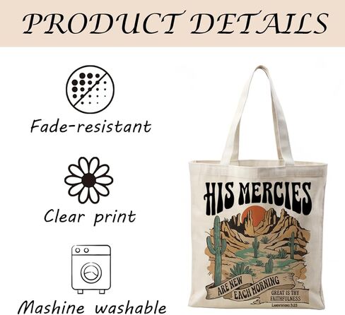 Christian Canvas Tote Bag, Vintage Western Landscape Art Handbag, His Mercies Are New Each Morning Bible Verse Tote Bag, Faith Reusable Shopping Bags for Daily Use and Work in Saudi Arabia