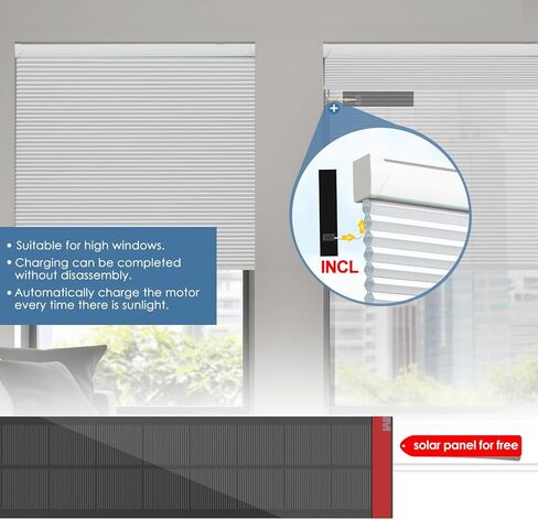 ظلال خلوية بمحرك مع جهاز تحكم عن بعد، ستائر كهربائية ذكية معتمة (لوحة شمسية مجانية) مع ستائر لاسلكية على شكل قرص العسل، مع Alexa Google، أبيض، 36 بوصة × 64 بوصة in Kuwait