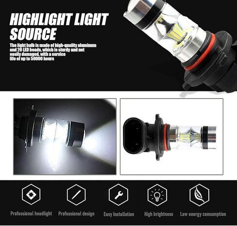 QODOLSI 2 PCS 9005/9006 LED Car Fog Light Bulb, Daytime Running lights, 6500K Front Light, 12V 100W Low Beam Lights, Universal for Most Vehicles (White Light) in Kuwait