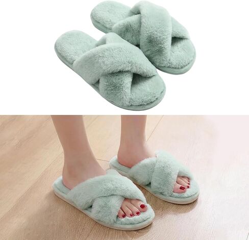 Fuzzy Slippers for Women, Open Toe Cross Band Memory Foam House Shoes Cozy Plush Fluffy Indoor Outdoor Slide Slippers Soft Home Bedroom Footwear for Daily Wear in Saudi Arabia