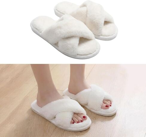 Fuzzy Slippers for Women, Open Toe Cross Band Memory Foam House Shoes Cozy Plush Fluffy Indoor Outdoor Slide Slippers Soft Home Bedroom Footwear for Daily Wear in Saudi Arabia