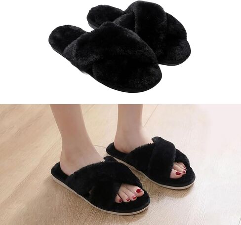Fuzzy Slippers for Women, Open Toe Cross Band Memory Foam House Shoes Cozy Plush Fluffy Indoor Outdoor Slide Slippers Soft Home Bedroom Footwear for Daily Wear in Saudi Arabia