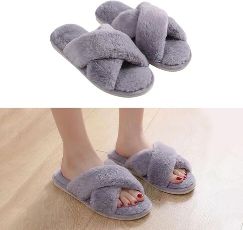 Fuzzy Slippers for Women, Open Toe Cross Band Memory Foam House Shoes Cozy Plush Fluffy Indoor Outdoor Slide Slippers Soft Home Bedroom Footwear for Daily Wear in Saudi Arabia