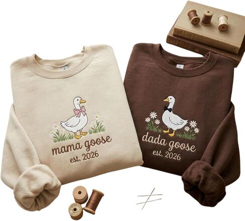 Custom Embroidered Mama Dada Goose Sweatshirt Personalized Est 2026 Date Matching Couple Crewneck Floral Goose Pregnancy Reveal Outfit New Parent Gift Multi in Saudi Arabia