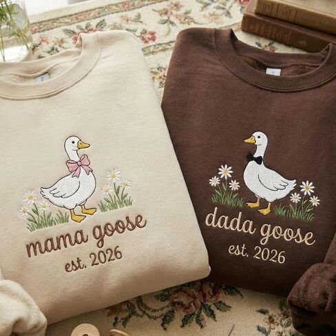 Custom Embroidered Mama Dada Goose Sweatshirt Personalized Est 2026 Date Matching Couple Crewneck Floral Goose Pregnancy Reveal Outfit New Parent Gift Multi in Saudi Arabia