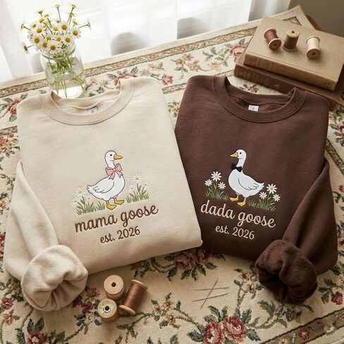 Custom Embroidered Mama Dada Goose Sweatshirt Personalized Est 2026 Date Matching Couple Crewneck Floral Goose Pregnancy Reveal Outfit New Parent Gift Multi in Saudi Arabia