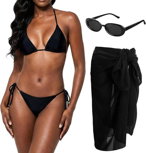 Mepase 3 Pcs Women's Bikini Set Swimsuit Cover Up Oval Sunglasses Bikini with Adjustable Ties for Beach Pool Vacation in Saudi Arabia
