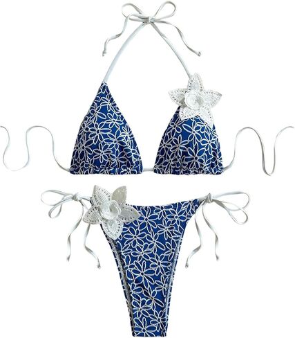 Women's 3D Floral Embroidered Bikini Sets Halter Bras and String Thongs Hawaii Beachwear Swimsuits in Saudi Arabia