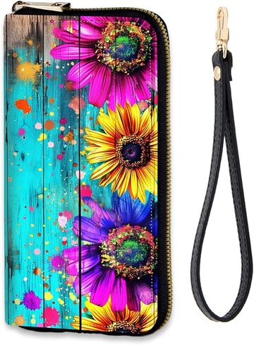 محفظة نسائية بسحاب حول RFID مع حزام معصم قابل للفصل، منظم حامل بطاقات الائتمان بسعة كبيرة للاستخدام اليومي، فراشة عباد الشمس in Kuwait