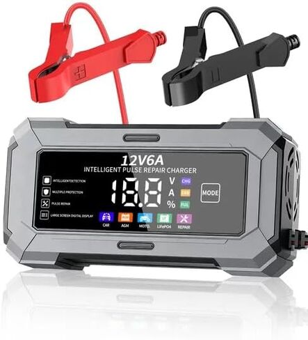 شاحن بطارية سيارة 12 فولت 6 أمبير - شاحن سريع لشاحن البطارية الذكي التلقائي مع إصلاح النبض والشاشة الرقمية، متوافق مع بطاريات ليثيوم CAR AGM Moto LiFePO4 in Kuwait