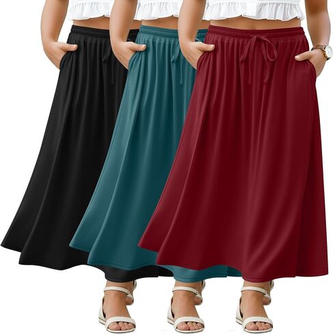 3 Pack Women's Plus Size Maxi Long Skirts Pockets Ankle Length a Line High Waist Summer Casual Drawstring Skirts in Saudi Arabia