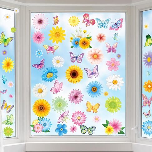 DPKOW ملصقات نافذة زنبركية للنوافذ الزجاجية، 9 أوراق ملصقات نافذة زهرة عيد الفصح ملصقات فراشة ديزي عباد الشمس أزهار الكرز شارات زينة عيد الفصح الربيعية، قابلة للإزالة على الوجهين وقابلة لإعادة الاستخدام in Kuwait