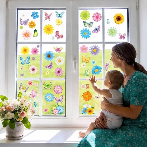 DPKOW ملصقات نافذة زنبركية للنوافذ الزجاجية، 9 أوراق ملصقات نافذة زهرة عيد الفصح ملصقات فراشة ديزي عباد الشمس أزهار الكرز شارات زينة عيد الفصح الربيعية، قابلة للإزالة على الوجهين وقابلة لإعادة الاستخدام in Kuwait