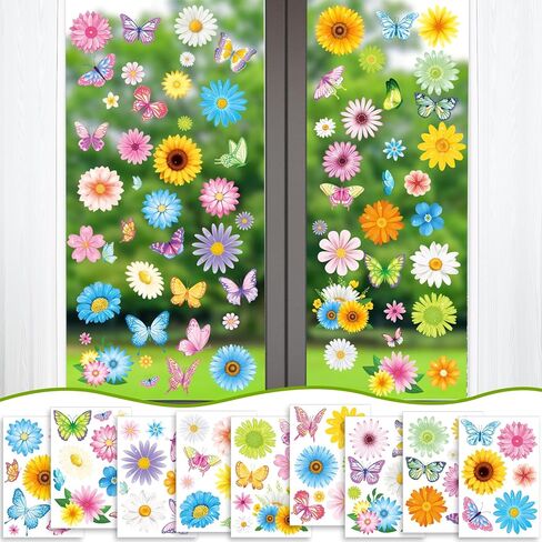 DPKOW ملصقات نافذة زنبركية للنوافذ الزجاجية، 9 أوراق ملصقات نافذة زهرة عيد الفصح ملصقات فراشة ديزي عباد الشمس أزهار الكرز شارات زينة عيد الفصح الربيعية، قابلة للإزالة على الوجهين وقابلة لإعادة الاستخدام in Kuwait