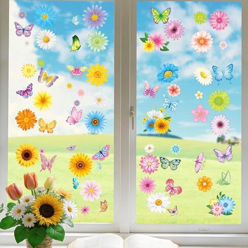 DPKOW ملصقات نافذة زنبركية للنوافذ الزجاجية، 9 أوراق ملصقات نافذة زهرة عيد الفصح ملصقات فراشة ديزي عباد الشمس أزهار الكرز شارات زينة عيد الفصح الربيعية، قابلة للإزالة على الوجهين وقابلة لإعادة الاستخدام in Kuwait