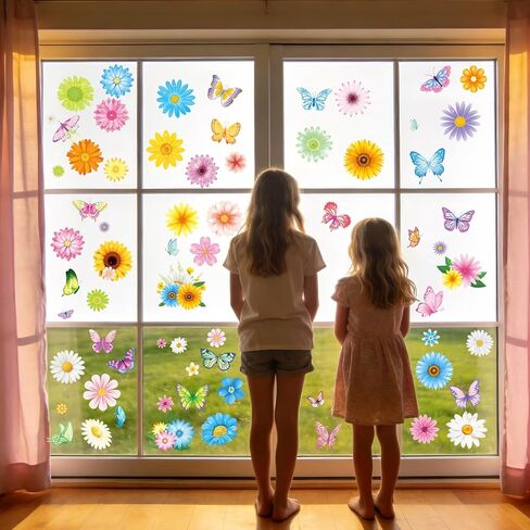 DPKOW ملصقات نافذة زنبركية للنوافذ الزجاجية، 9 أوراق ملصقات نافذة زهرة عيد الفصح ملصقات فراشة ديزي عباد الشمس أزهار الكرز شارات زينة عيد الفصح الربيعية، قابلة للإزالة على الوجهين وقابلة لإعادة الاستخدام in Kuwait