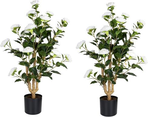 MARCH WIND 3FT Orange Yellow Artificial Camellia Plants 2 Pack with Pots, Faux Flowering Tree for Indoor Outdoor Home Decor, Tall Fake Potted Plant for Balcony, Patio, Living Room in Kuwait