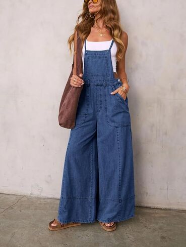 yoeasy Womens Denim Bib Overalls Casual Loose Fit Wide Leg Jean Pants Baggy Overall Jumpsuits with Pockets in Saudi Arabia