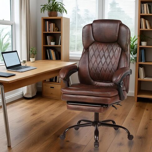 Executive Office Chair, Ergonomic Big and Tall PU Leather Desk Chair with Retractable Footrest, High Back Comfy Heavy Duty Computer Chair Adjustable Height in Saudi Arabia